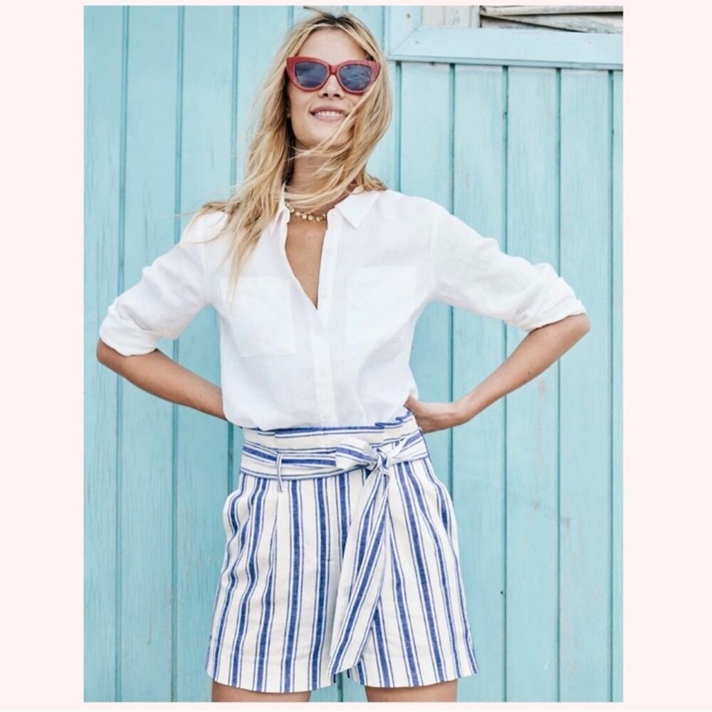 Boden st Ives linen blend paper bag shorts blue/white stripe size 8